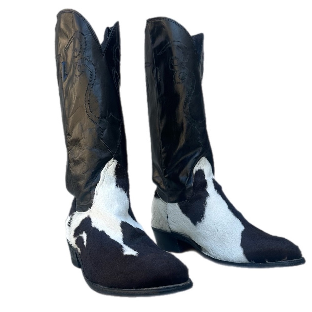 Artisan-made Brown/White Genuine Cow hide Embroidered Leather Shaft boots 6.5